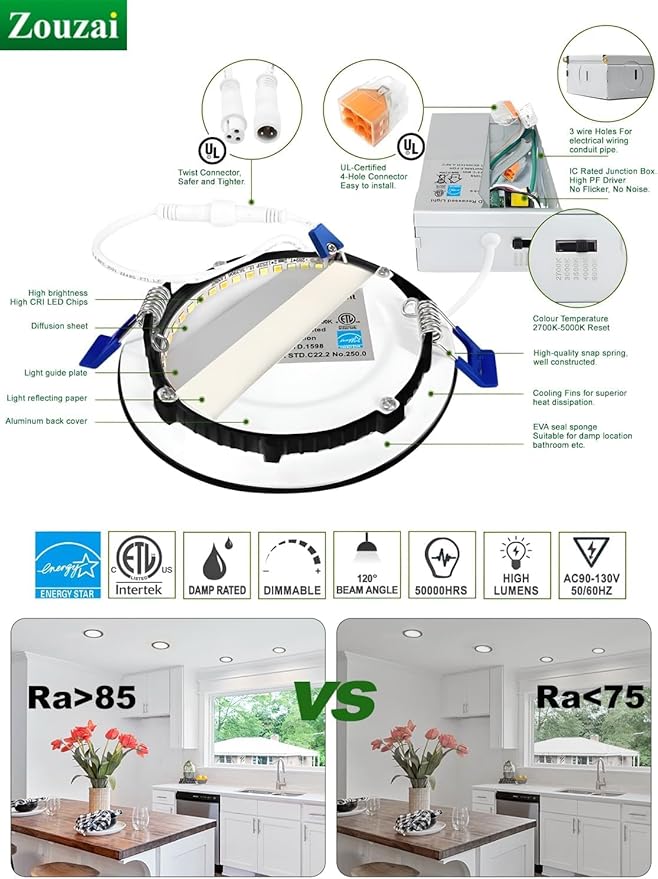 zouzai 24 Pack 4 Inch Black 5CCT Selectable Ultra-Thin LED Recessed Ceiling Light with Junction Box,9W Eqv 80W, Dimmable, led can Lights - ETL and Energy Star Certified