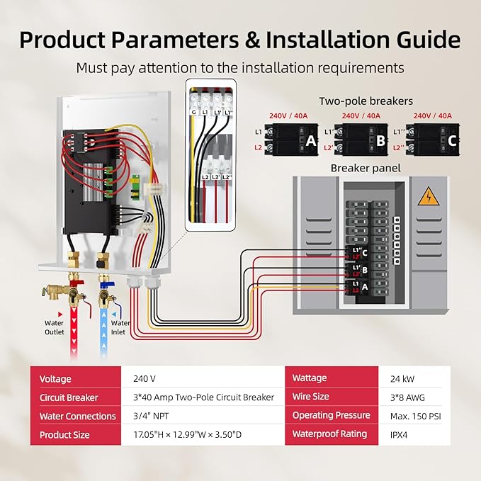 24kW Electric Tankless Water Heater - MIZUDO 240V Instant Hot Water for Whole House | Up to 5.55 GPM | 3-4 Outlets Simultaneous | ETL Certified