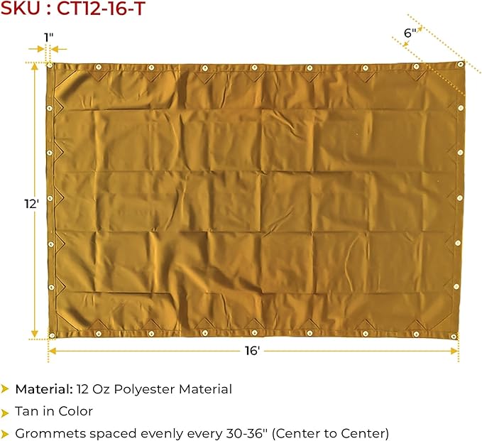 Mytee Products 12' x 16' Tan Canvas Tarp 12oz Heavy Duty Water Resistant