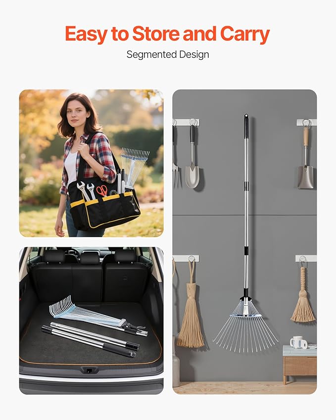 VEVOR Leaf Rake, 18 Metal Tines, Adjustable Garden Rake for Lawns with 7.7-17.1 Inch Head & 32.3-55.6 Inch Long Handle, Heavy Duty Stainless Steel Small Leaves Tool for Gardening Camping Yard Grass