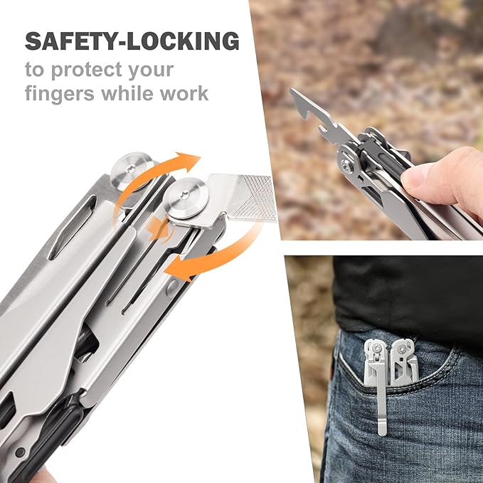 Multitool Stainless Steel Multi-Tool Pliers 22-in-1 with Safety Locking, Pocket Knife, Bottle Opener, EDC Equipment With Pocket Clip for Survival, Camping, Hunting and Hiking.