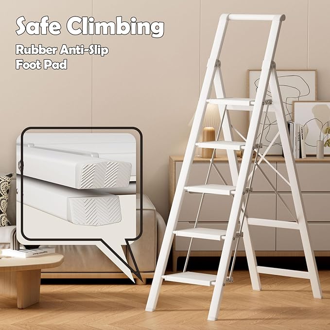 Taranta 5 Step Ladder, Portable Folding Ladder with Wide Pedal, Lightweight Aluminum Step Stool with Convenient Handgrip, 330 lbs Capacity Stepladder for Home, Office - White
