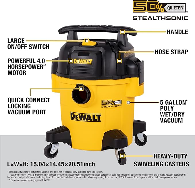 DEWALT 5 Gallon STEALTHSONIC Shop Vacuum Wet and Dry, Powerful Suction & Portable Shop Vac with Attachments, Ultra Quiet Wet Dry Vac for Home, Garage, Car, Workshop, Jobsite, DXV05P-QT, 4 Peak HP
