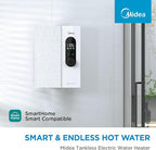 Midea 13KW Electric Tankless Water Heater, Touch Control, Wi-Fi Control, LED Display, Child Mode, 240 Volts with Automatic Power Modulation, On-demand Hot Water, White