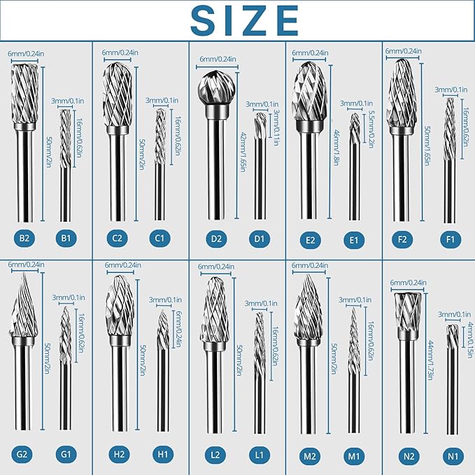 20 Pcs Double Cut Carbide Rotary Burr Set 1/8" Shank Compatible with Dremel for Metal Glass Woodworking, Drilling, Carving, Engraving, Polishing Cutting with 2 Collets