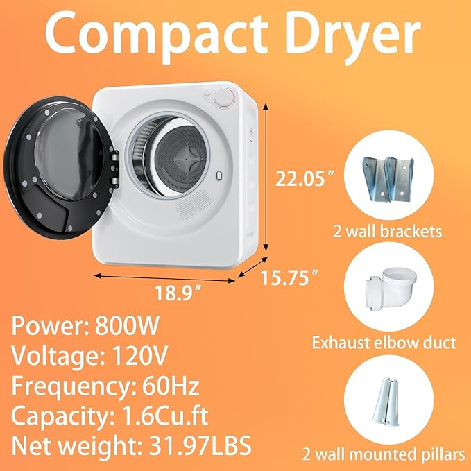 1.5 Cu.Ft Portable Clothes Dryer, 800W Fast Drying Front Load Laundry Dryer with 5 Mode, Mini Electric Clothing Dryer with Stainless Steel Tub, Compact Machine for Apartment, Home, Dorm