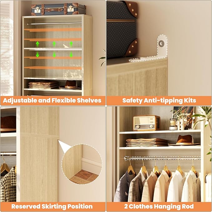 Unikito 3FT Freestanding Closet System with 2 Hanging Rods & Adjustable Shelve, 36'' Wood Closet Organizer System, Clothes Garment Rack, Sturdy Walk-in Closet Wardrobe Tower, Easy Assembly, White Oak