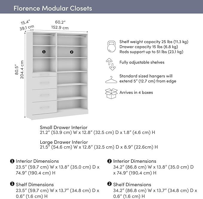 Bestar 61W x 16D Modular Closet Organizer System, Reach-in Closet or Walk-in with Shelves and Drawers, Slab Style, Florence Collection, White