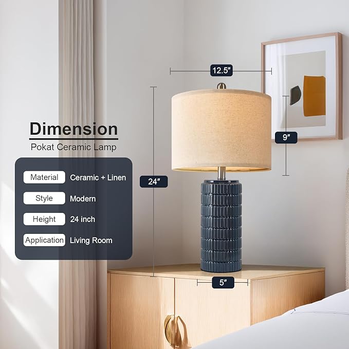 PoKat 24" Modern Ceramic Table Lamps Set of 2 for Bedroom, Blue Bedside Lamps for Night Stands, Farmhouse Desk Decor Nightstand Table Lamps for Living Room End Table Dark Blue