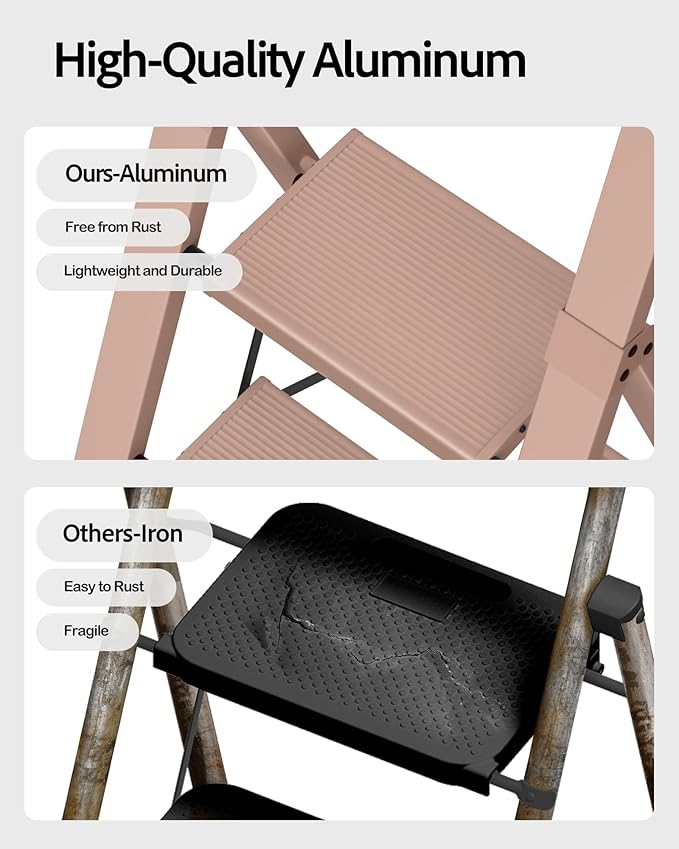 Taranta 4 Step Ladder, Lightweight Aluminum Step Stool with Convenient Handgrip, Folding Ladder with Anti-Slip Pedals, 330lbs Capacity Stepladder for Home, Office, Kitchen - Peach Pink