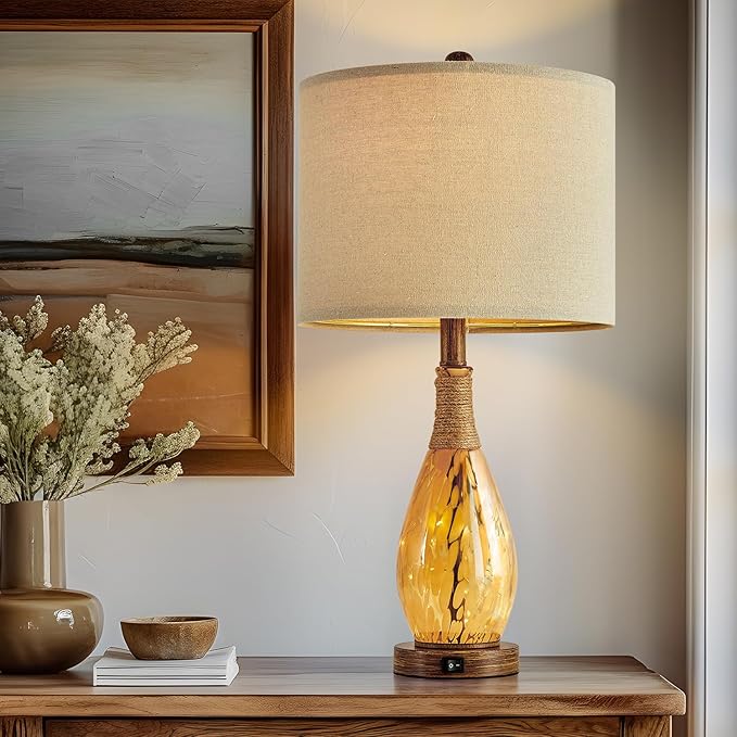 OYEARS 23" USB A+C Table Lamp for Bedroom Living Room Modern Bedside Lamps Retro Farmhouse Rattan Glass Nightstand Nightlight Lamps (Amber),Two Light Points