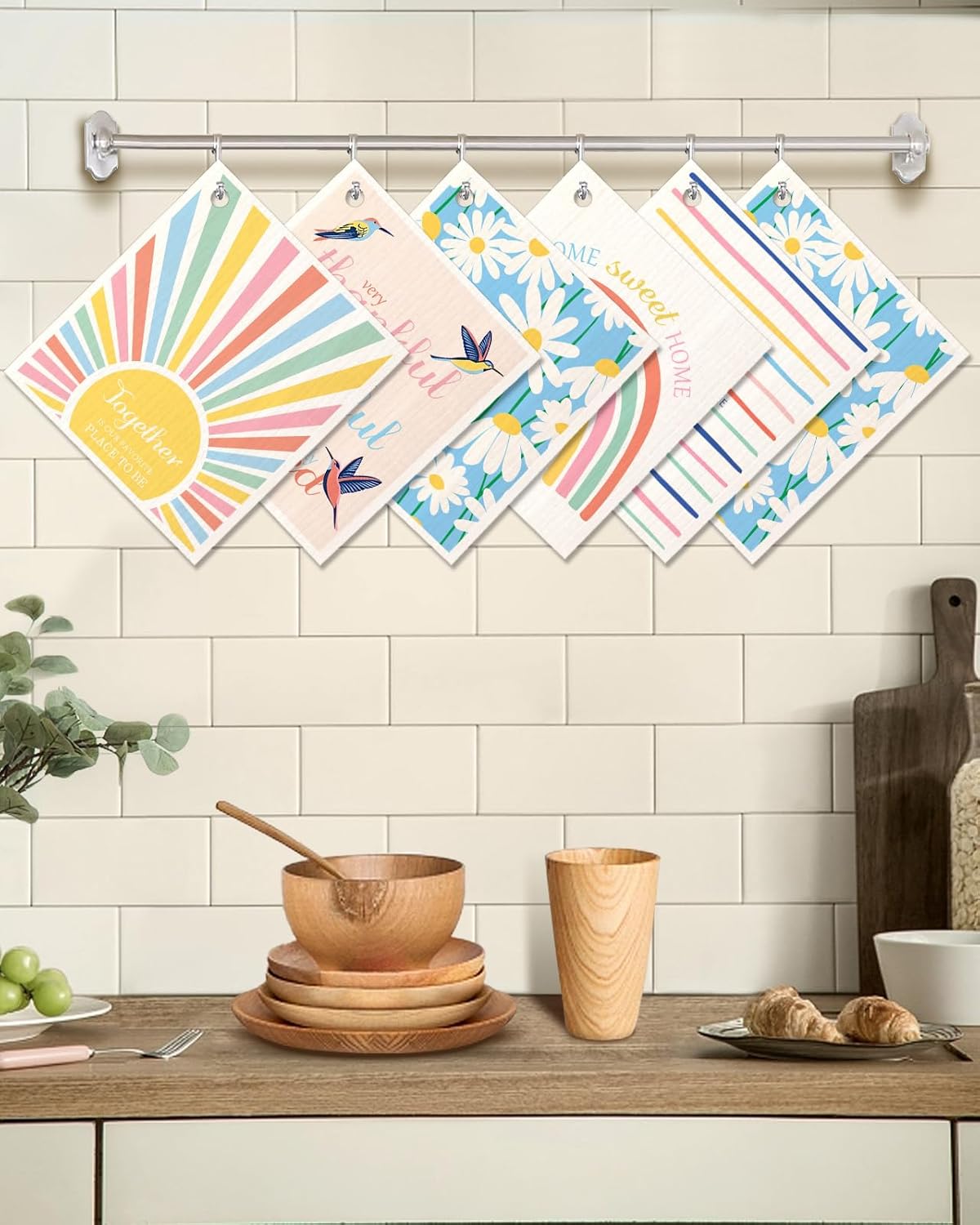 6 Pack Swedish Dishcloths for Kitchen - Reusable Dish Cloths for Washing Dishes Absorbent Cute Funny Kitchen Towels Cleaning Sponge, Rainbow