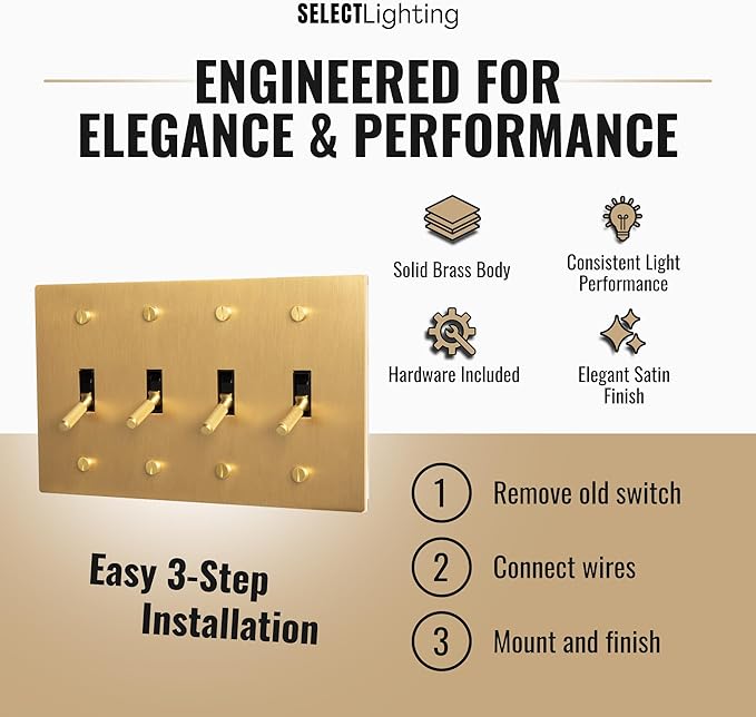 4-Gang Satin Solid Brass Plated Toggle Switch, 15A 120V AC Wall Mount, 3-Way Compatible Vintage Style Single Pole with Faceplate & Switch Module