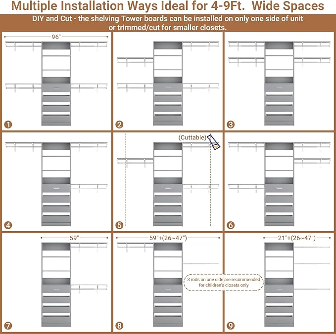 Aheaplus Closet System with 4 Drawers, 8FT Wood Closet Organizer System, 96’’ Closet Built In System Tower with Shelves, Walk-in Closet Wardrobe Clothes Garment Rack, Fits Spaces 4-9 ft, Grey1