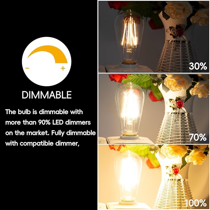 Jensense Edison LED Light Bulbs 8Watt Dimmable, 2700K Warm White, E26 Base, 60W Equivalent, Vintage Style, 800lm, CRI 90, Clear Glass, 12 Pack