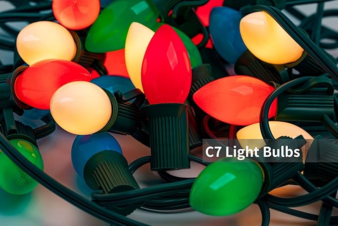 Couah Christmas Light Bulbs C7 Multi-Color Replacement Bulbs（25 Pack） C7 Ceramic Outdoor String Light Replacement Bulbs, C7/E12 Candelabra Base, 5 Watt