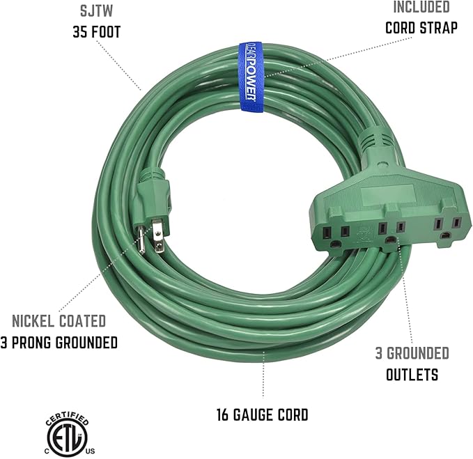 Clear Power 35 ft 3 Outlet Lawn & Garden Outdoor Extension Cord 16/3 SJTW, Green, Water & Weather Resistant, Flame Retardant, 3 Prong Grounded Plug, CP10194