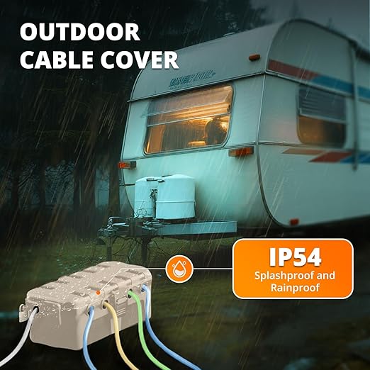 QUOBAS Outdoor Waterproof Electrical Box with 6 Cable Ports, IP54 Weatherproof Heavy-Duty Extension Cord Cover for Power Strips, Garden Power Tools, Holiday Lights, Almond