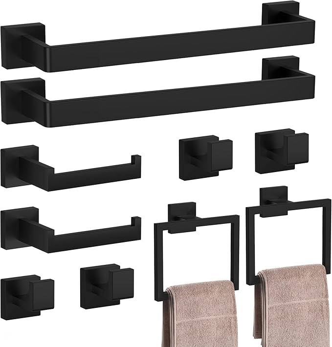 Bathroom Hardware Set Matte Black 10-Pieces Bathroom Towel Rack SUS304 Stainless Steel Bath Towel Bar Set, Towel Racks Wall Mounted.