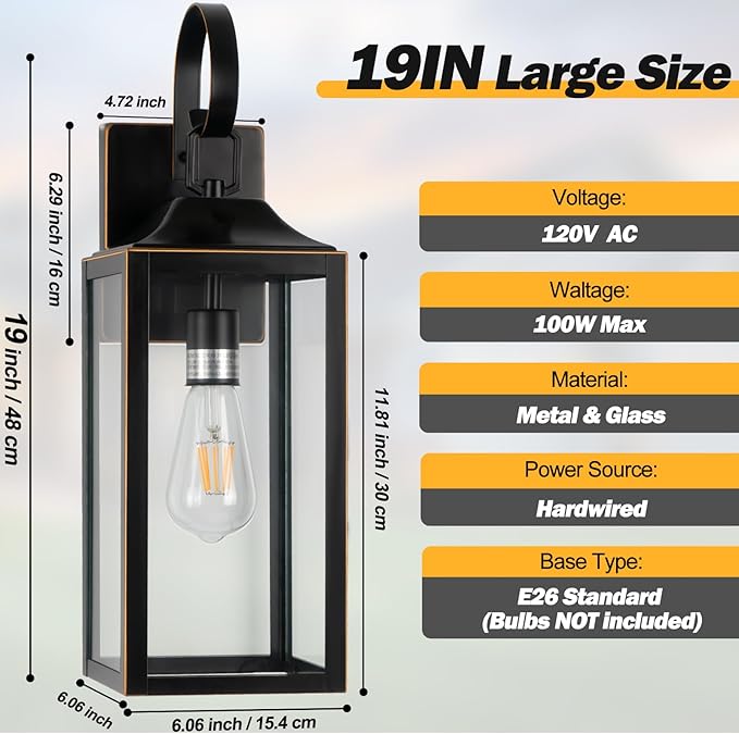 19" Large Outdoor Wall Lights 2 Pack, Black Exterior Light Fixtures, Outdoor Sconces Wall Lighting Porch Lights, Waterproof Wall Lamp for House, Doorway, Garage, Black Metal with Gold Trim