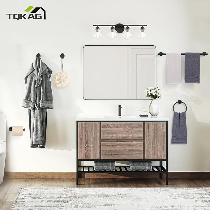 TQKAG Matte Black Bathroom Hardware Set 5 Pieces, SUS304 Stainless Steel Towel Bar Set Round Bathroom Towel Rack Set Wall Mounted