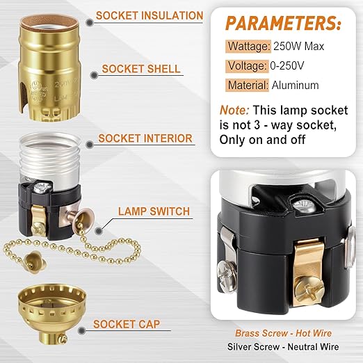 4 Pcs Pull Chain Lamp Socket Replacement, E26 Standard Threaded Base, Light Socket with Pull Chain, Lamp Parts for Repair (Gold)