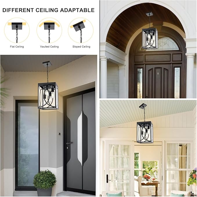 4-Lights Large Outdoor Pendant Lights, Black Hanging Porch Lighting Fixture with Clear Glass, E26 Bulb Base Exterior Lantern Chandelier Ceiling Mount for Front Door Patio Garden