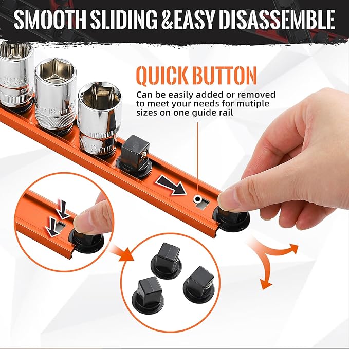 Magnetic Socket Organizer, 1-Piece Heavty Duty Aluminum Socket Holder, Socket Rail for Tool Box, Premium Quality 360° Swivel Socket Rack with 12 Clips for 1/2-Inch(Orange)