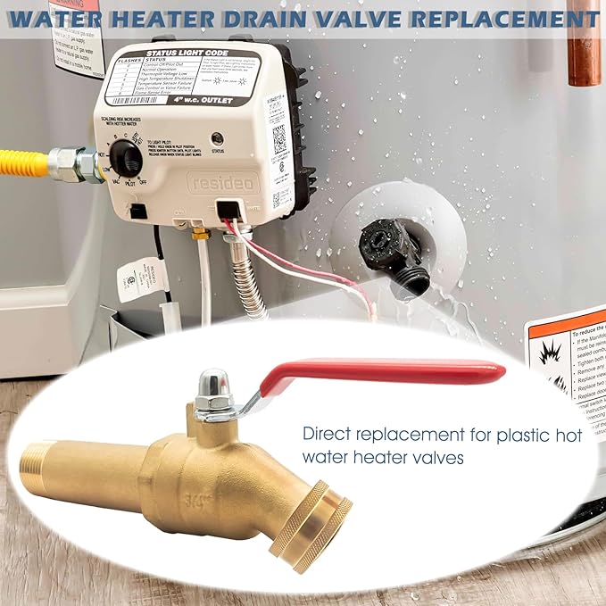 Water Heater Drain Valve 3/4" MNPT Full Port - Brass Sediment Flush Valve with 2 Inch Shank, 180° Handle Garden Hose Adapter Hot Water Heater Replacement Parts Fast Drain Tool Kit