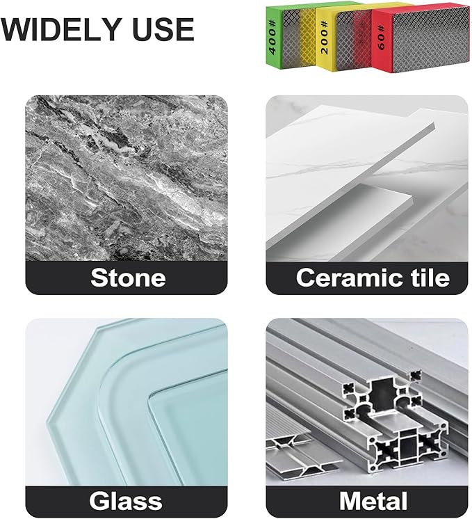 3pcs Diamond Hand Polishing Pads for Ceramic Tile Glass Grinding,Sanding Blocks Polishing 60#,200#,400#