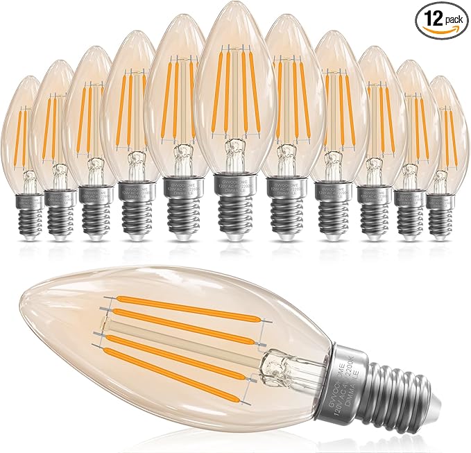 E12 Candelabra Bulb 40 watt Equivalent, E12 LED Bulb Dimmable Chandelier Light Bulbs, 2200K Amber Warm, B10 Candle Light Bulb, 90+CRI, 400LM, Amber Glass Finish, 12 Pack