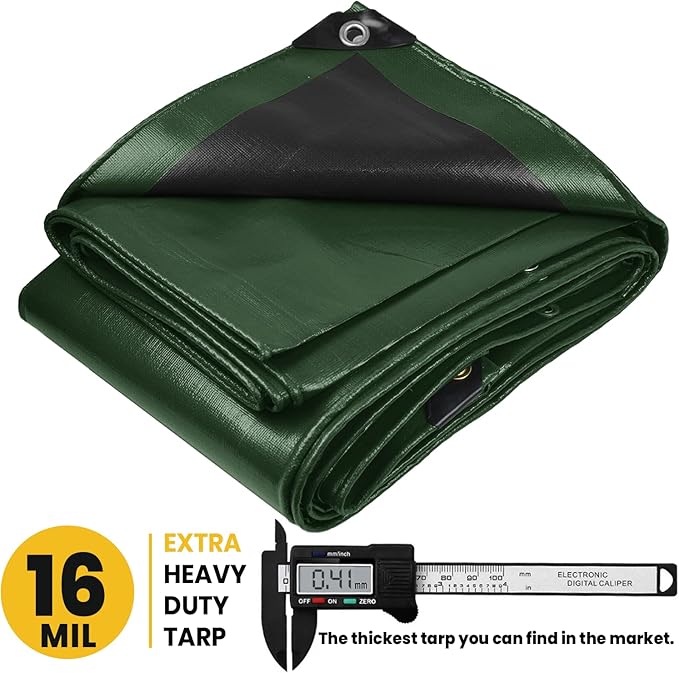 PROTARP Extra Heavy Duty 16 Mil Tarp Cover, Waterproof, UV Resistant, Rip and Tear Proof, Poly Tarpaulin with Reinforced Edges for Roof, Camping, Patio, Pool, Boat. (Green/Black 24′ X 24′)