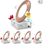 LUXRITE 4 Inch Ultra Thin LED Recessed Light with J-Box, 10W, 5 Color Options 2700K | 3000K | 3500K | 4000K | 5000K, Dimmable Wafer Lights, 750 Lumens, Copper Trim, Energy Star, IC Rated (4 Pack)