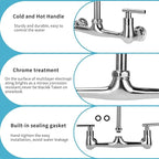 8 Inch Center Wall Mounted Kitchen Faucet, Commercial Sink Faucet with 6" Gooseneck Swivel Spout 2 Handle Utility Faucet for Home Restaurant Compartment Sink