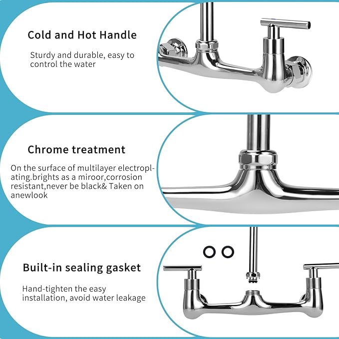 Wall Mount Kitchen Faucet with 8" Gooseneck Swivel Spout, 8 Inch Center Commercial Kitchen Sink Faucet 2 Handle Wall Mount Utility Sink Faucet for Kitchen Restaurant Compartment Sink