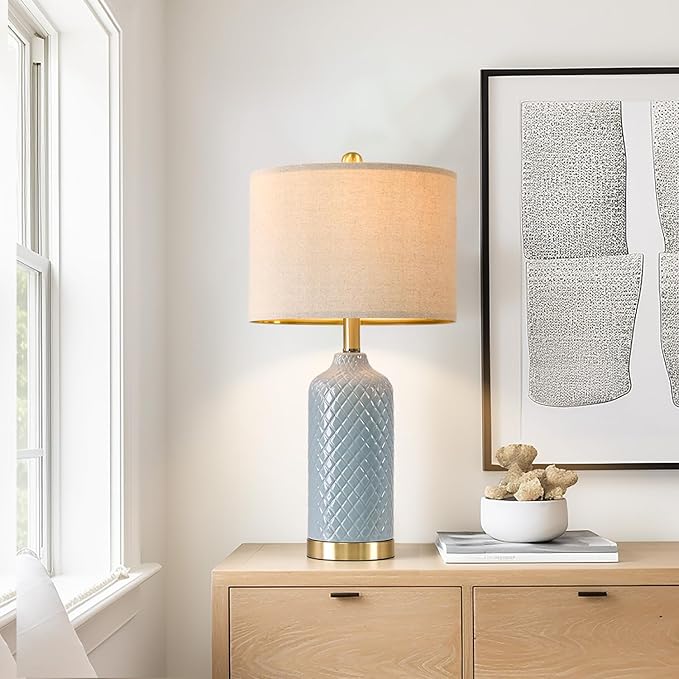 24.25" Modern Ceramic Blue Table Lamps Set of 2 for Living Room, Farmhouse, Bedside, Coastal Bedroom, Side & End Tables