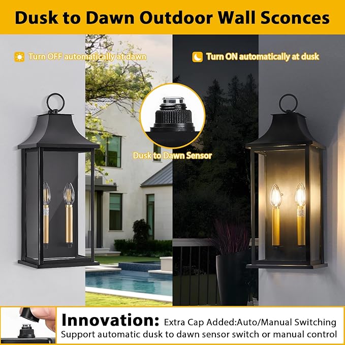 21In Large Dusk to Dawn Outdoor Wall Lights Fixture, 2-Light Black Gold Exterior Lighting Fixtures, Weather Resistant Patio Wall Light Fixture for Porch, Garage, Entrance, Backyard E12 Base