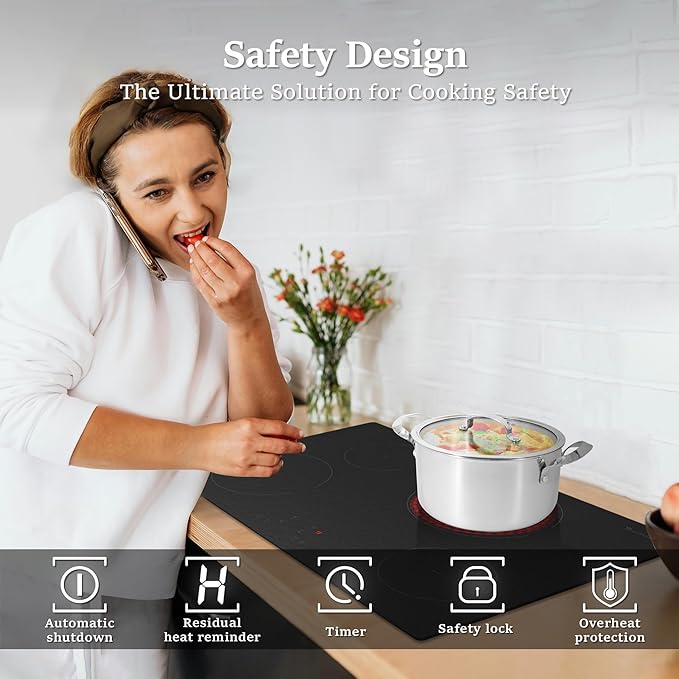 Electric Cooktop 30 Inch, Matte Glass Electric Stove Top 4 Burners with Sensor Touch Control, Fast Heat, Multiple Safety Protection, 6900W with Hard Wire for 220V~240V