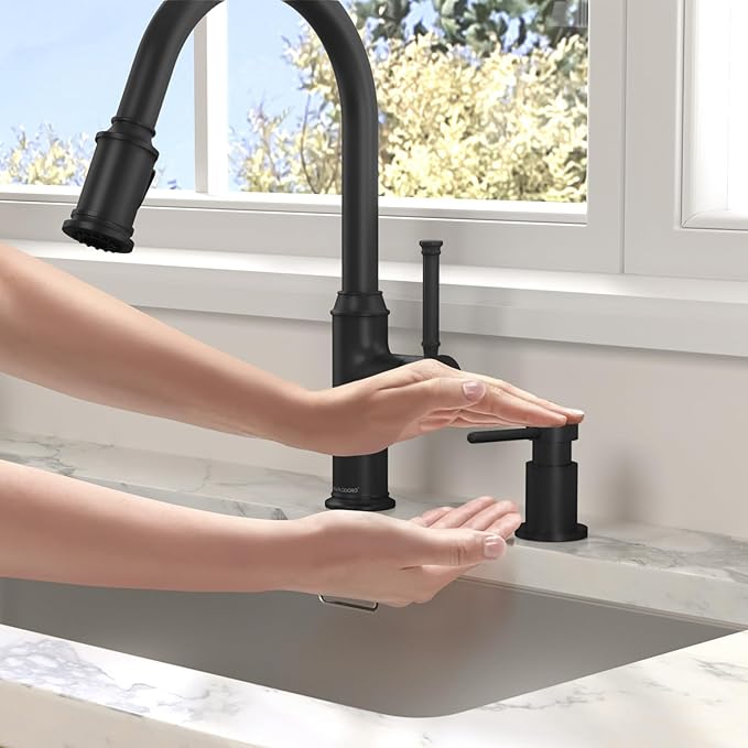 Lava Odoro Black Soap Dispenser for Kitchen Sink, Modern Brass Built in Countertop Pump Dispenser with 18 Oz Refillable Bottle, Kitchen Soap and Lotion Dispenser Spot-Free, Matte Black, KSD-21