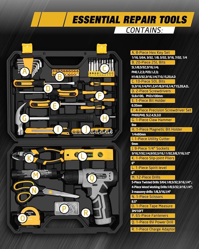 139-Piece Tool Set - Tool Kit with 8V Cordless Drill Driver in ToolBox Storage Case, General Household Drill Set for Home Repairs, Handyman, DIY Projects