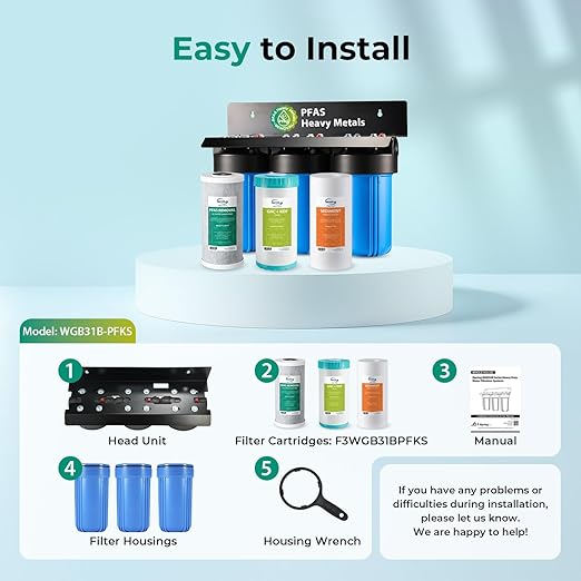 iSpring PFAS & Heavy Metals Removal 3-Stage Whole House Water Filter System, SGS-Tested to Reduce Up to 99% PFOA & PFOS, 10” x 4.5” Filters, 1” Inlet/Outlet, Model: WGB31B-PFKS