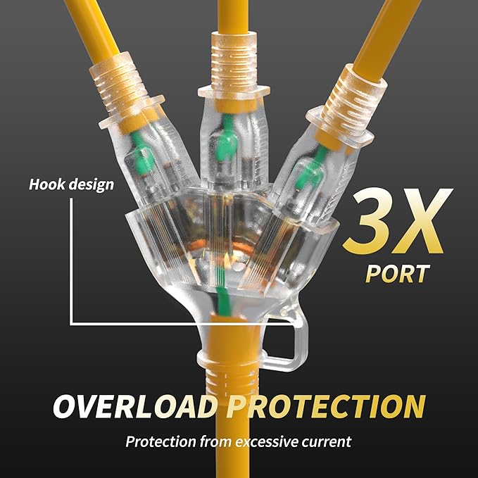 1 FT 12/3 Gauge Outdoor Extension Cord with Multiple Outlets Light Indicator, Flexible Weatherproof 3 Outlet Heavy Duty Extension Cord Waterproof Yellow, 15A 1875W 12AWG SJTW, ETL Listed