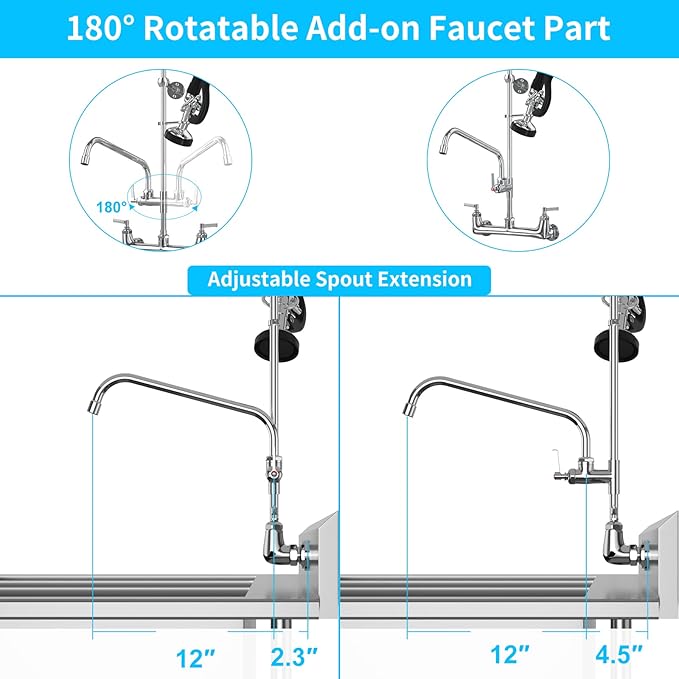 Commercial Faucet with Sprayer, 36" Height 8 Inch Center Brass Constructed Wall Mount Kitchen Sink Faucet with Pull Down Pre-Rinse Sprayer and 12" Swing Spout Fit for 2/3 Compartment Sink