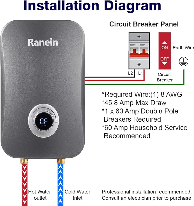 Ranein Electric Tankless Water Heater, 11Kw 240v, On Demand Instant Water Heater with CSA Certification, IPX4 Waterproof, LED Temperature Display for Bathroom, Self Modulating Energy Saving Save Space
