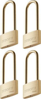Weather Proof Lock, Keyed Alike Solid Brass Padlocks with Long Brass Shackle, Light Duty, 1-1/2" Wide Body, Marine Padlock, Anti Rust Lock, 4 Pack