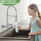 Wall Mount Kitchen Faucet, Hurran Brushed Nickel Kitchen Sink Faucet, 8 Inch 2 Handle Wall Mount Commercial Sink Faucet with Pull Down Sprayer for Kitchen Laundry Room Restaurant