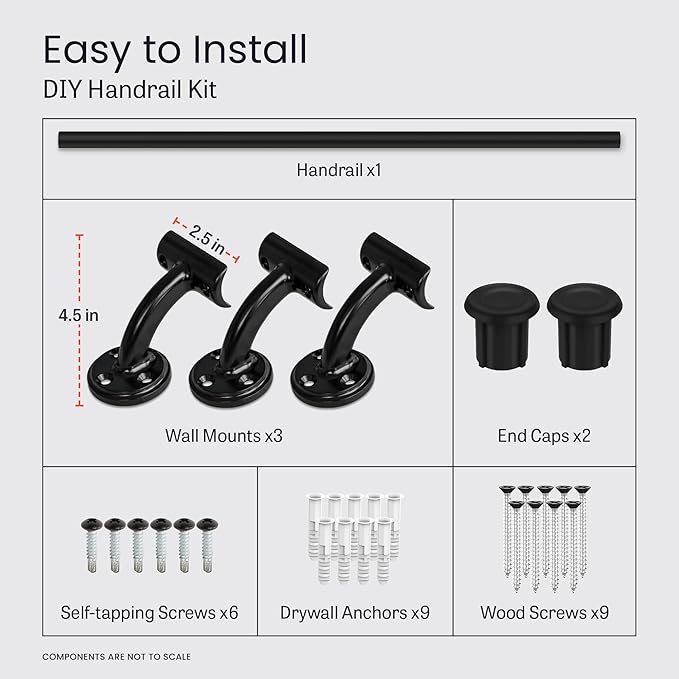 Meranti Aluminum Handrail for Indoor or Outdoor Steps and Stairs – Hand Rails for Elderly – DIY Complete Stair Railing Kit (AHR, Glossy White, 7' Length)