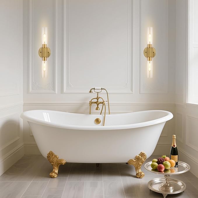 Gold Knurled Texture Wall Sconce Clear Glass Shade Modern Bathroom Vanity Light Fixtures 2-Lights Mid Century Wall Light for Mirror Living Room Hallway E26 T10 Bulbs(Excluded)