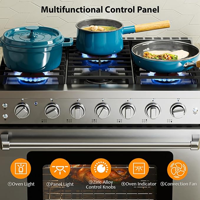 Empava Gas Range,True Convection Oven 6.0 Cu. Ft,6 Deep Recessed Burners Cooktop, Heavy Duty Continuous Grates in Stainless Steel with Storage Drawer, Freestanding & Slide-in,36 Inch