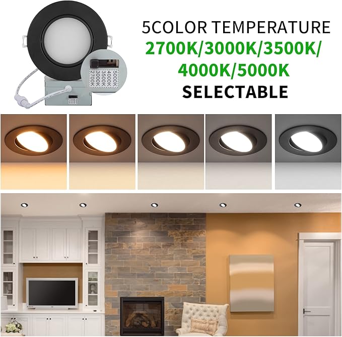 Black Recessed Lighting 4 Inch 6 Pack,Ajustable Eyeball Gimbal Light,Led Recessed Lighting 4 Inch Ceiling Light with Junction Box,5CCT Selectable,Airtight,9W 750LM,Dimmable,ETL Listed